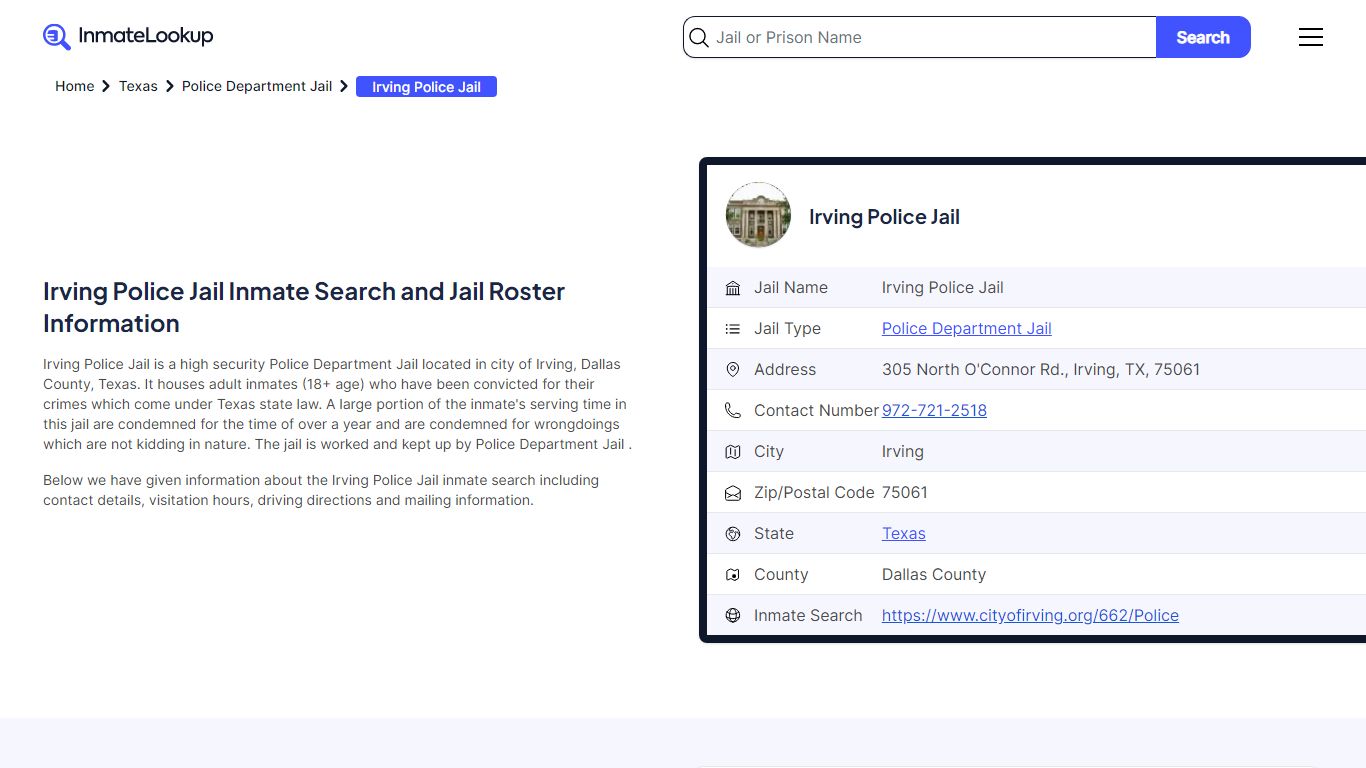 Irving Police Jail Inmate Search and Jail Roster Information